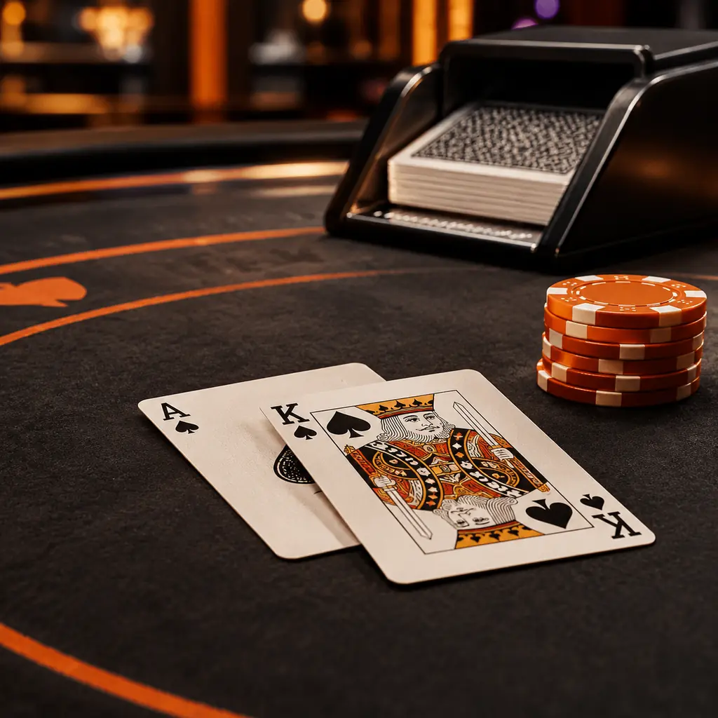 Meja blackjack dengan kartu As dan kartu bergambar
