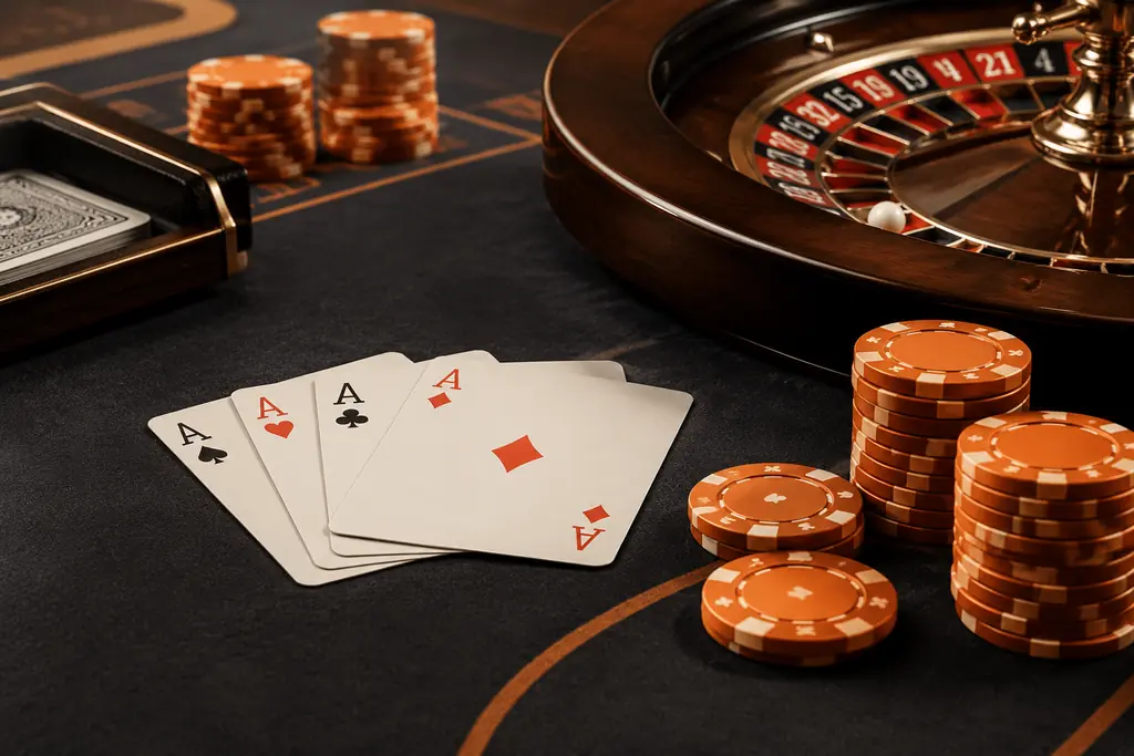 Komposisi meja kasino dengan kartu, roda roulette kecil dan keping oranye