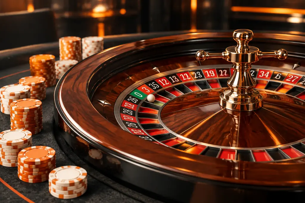 Roda roulette dan bola putih pada meja kasino