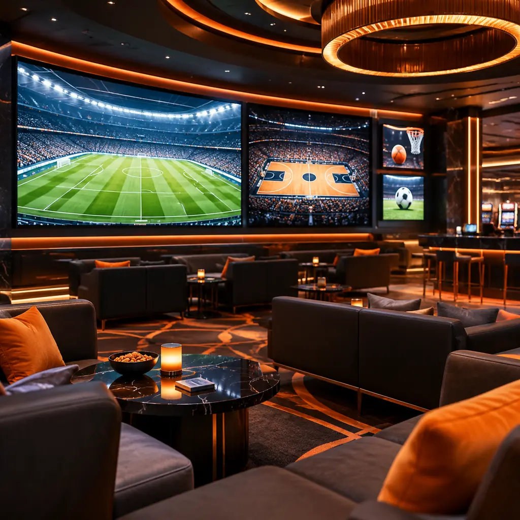 Area sportsbook kasino dengan layar sepak bola dan basket